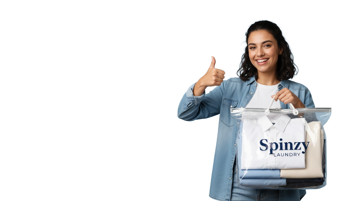 Smiling Spinzy customer holding freshly cleaned clothes in a clear laundry bag
