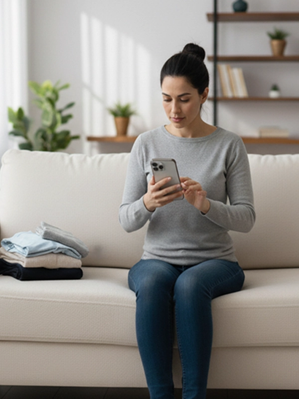 A woman relaxing on a spiral staircase with soft purple lighting